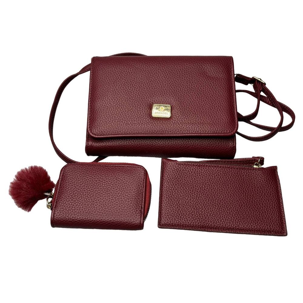 Grenobil Crossbody Purse Matching Coin Purse Card Wallet Adjustable Red Burgundy